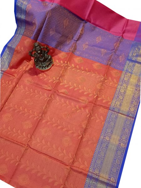 Red and Blue kora silk saree with kuppatam border